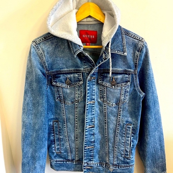 ⭐️Guess Blue Denim Jacket with Gray Hood⭐️ - Picture 4 of 13
